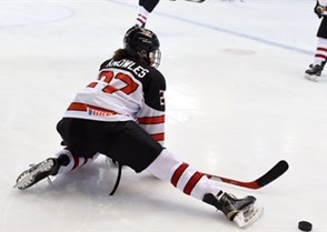 ZLIN, CZECH REPUBLIC - JANUARY 10: Canada's Olivia Knowles #27 stretches during warm up during preliminary round action against USA at the 2017 IIHF Ice Hockey U18 Women's World Championship. (Photo by Andrea Cardin/HHOF-IIHF Images)