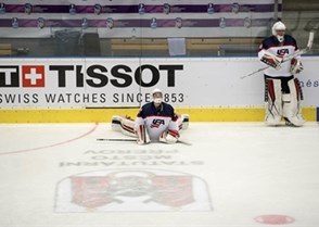 PREROV, CZECH REPUBLIC - JANUARY 13: USA's Alex Gulstene #29 and Lindsay Reed #30 look on during warm-ups prior to semifinal round action against Russia at the 2017 IIHF Ice Hockey U18 Women's World Championship. (Photo by Steve Kingsman/HHOF-IIHF Images)
