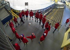 PREROV, CZECH REPUBLIC - JANUARY 14:  Russian players warm-up playing soccer prior to bronze medal game action against Sweden at the 2017 IIHF Ice Hockey U18 Women's World Championship. (Photo by Steve Kingsman/HHOF-IIHF Images)

